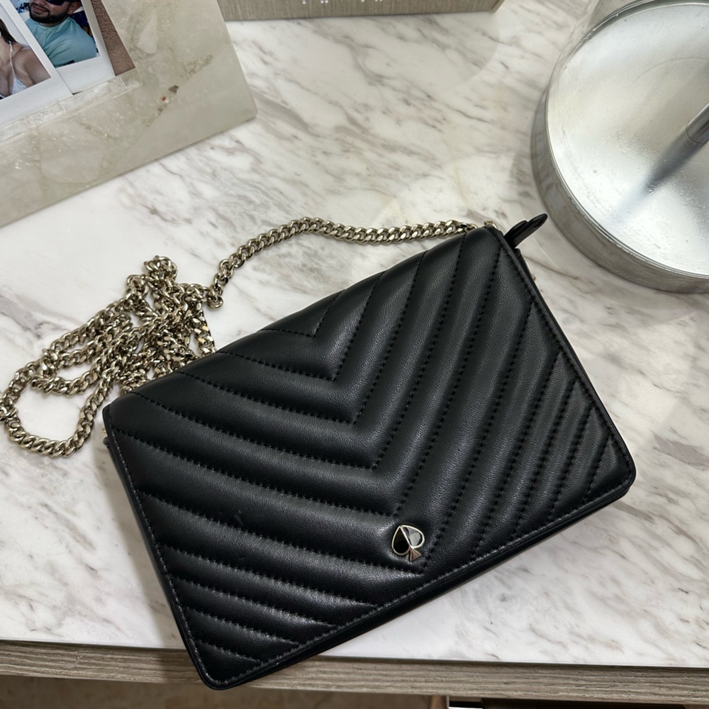 Kate Spade Black Quilted Crossbody Bag with Silver Chain